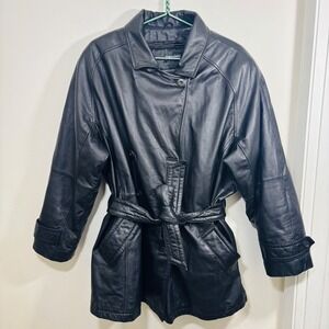 Wilsons Leather Black Belted Trench Coat Removable Thinsulate Lining Sz X-Large